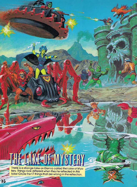 The Lake of Mystery puzzle page: find seventeen things wrong in the reflection. Same trick, same hand as the $35,000 reversible below., Masters of the Universe artwork by Earl Norem